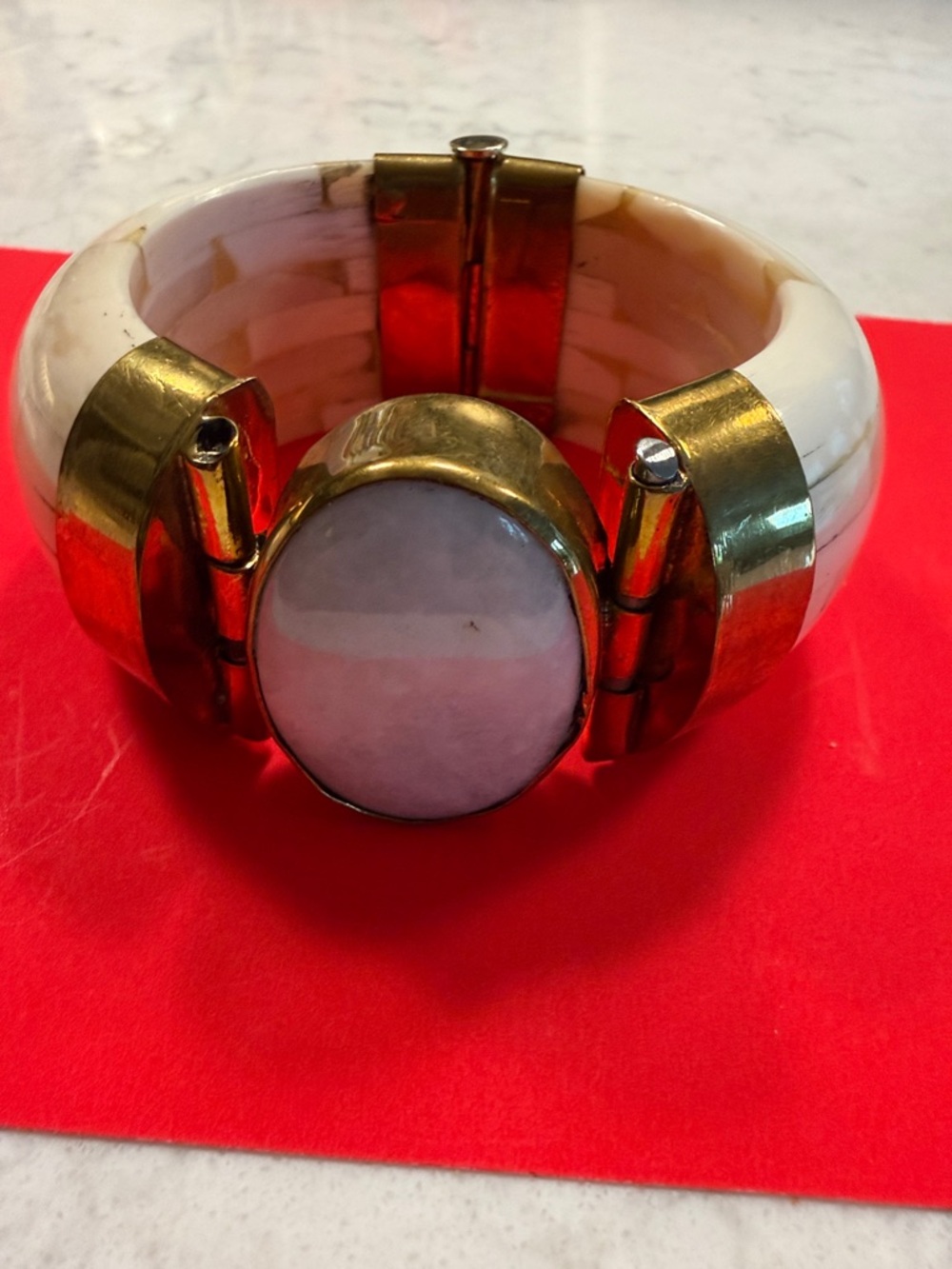 Elephant Bone White and Gold-Tone Hinged Bracelet with white Cabachon stone